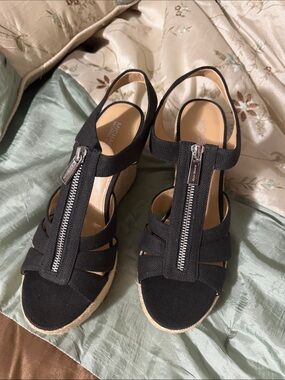Michael Kors Black Canvas Espadrille Wedge Sandals with Front Zipper Detail